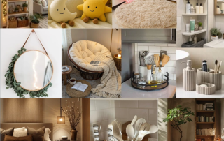 Collage of modern home decore items like cushions, mirror, plants, shelves, and cozy chairs