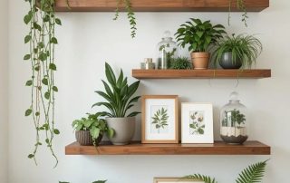 Wall-mounted wooden shelves decorated with potted indoor plants and framed botanical prints in a minimalist home setting. wall design for living room