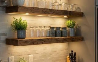 Wooden kitchen wall shelves with built-in lighting, holding jars, glasses, plants, and kitchen essentials. Kitchen Storage Shelves